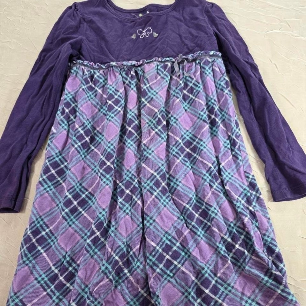 Jumping Beans Girls Purple Plaid Flannel Long Sleeve Dress Rhinestone Bow Size 6